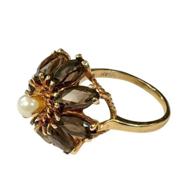 Modern 14k Gold Smoky Quartz and Pearl Floral Cocktail Ring Vintage For Sale - Image 3 of 8