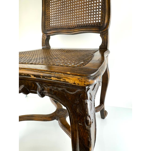 Antique Louis XV Style Carved Walnut Caned Side Chair With Floral Crest For Sale - Image 9 of 13