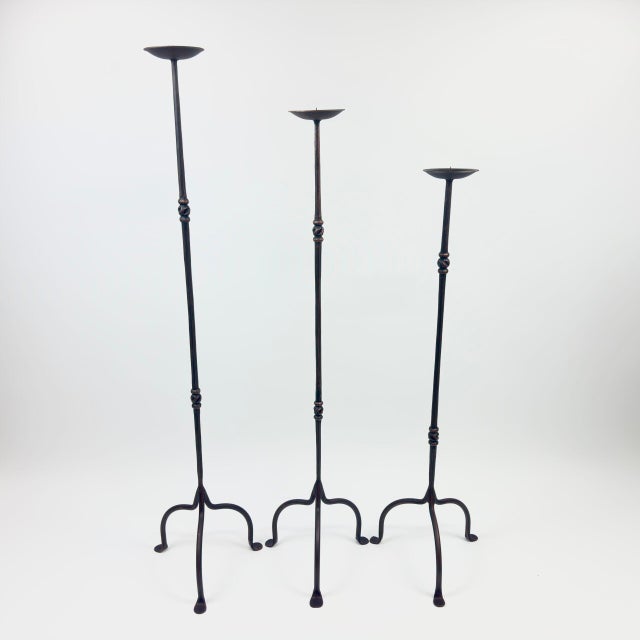 Hand Forged Iron Candelabra Set of 3 (93-113cm) Antique Copper Finish Slender Stem with Compact Arched Base For Sale - Image 6 of 6