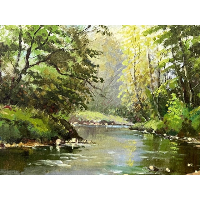 Textile Vintage Post-Impressionist Painting of Tree-Lined River in the Irish Countryside 1980 Circa For Sale - Image 7 of 10