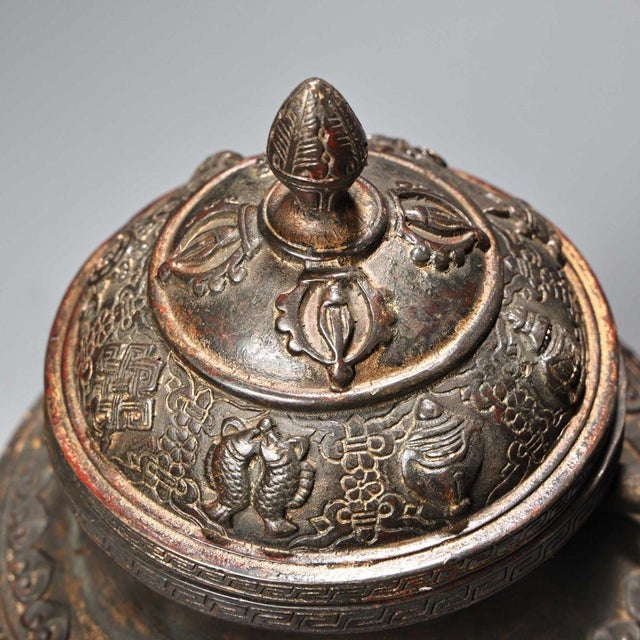Copper Vintage Tibetan Style Copper Teapot - High Relief Repoussé Ewer With Dragon Spout For Sale - Image 8 of 10