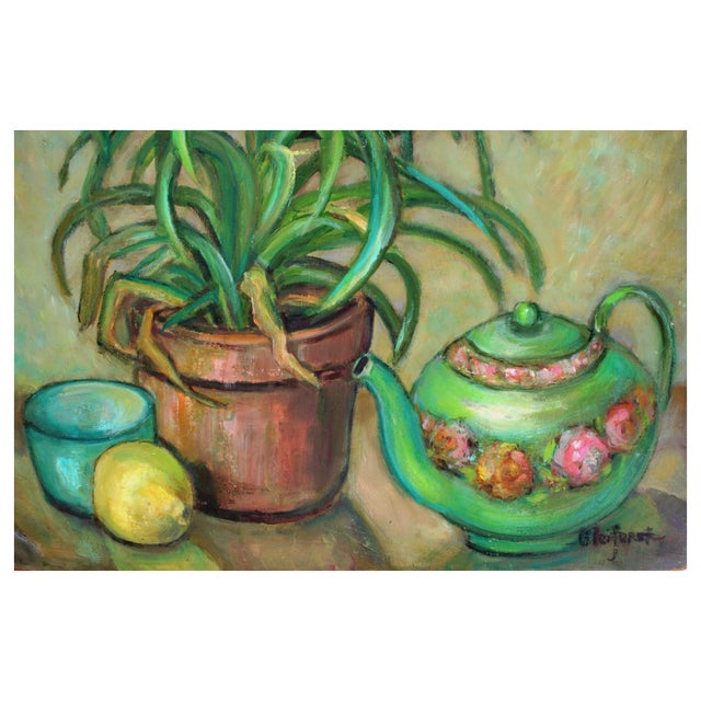 Gorgeous mid-century still life of a vase of white lilies next to a green teapot and lemon by listed California artist...