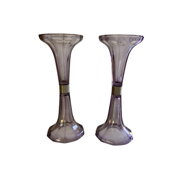 Antique Pair Art Deco Amethyst-Tinted Glass Shelf Risers Stands Made in 1920s-1930s. Each Approx. 12 1/2" Tall. Each Stand...