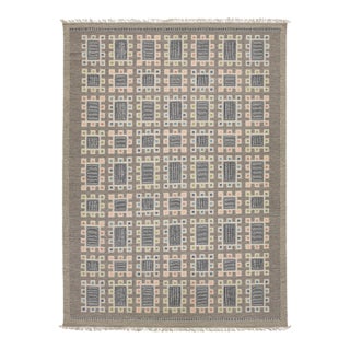 Nordic Geometric Handmade Wool Flatweave Rug in Charcoal, Off-White, and Pastels For Sale
