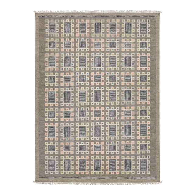 Nordic Geometric Handmade Wool Flatweave Rug in Charcoal, Off-White, and Pastels For Sale