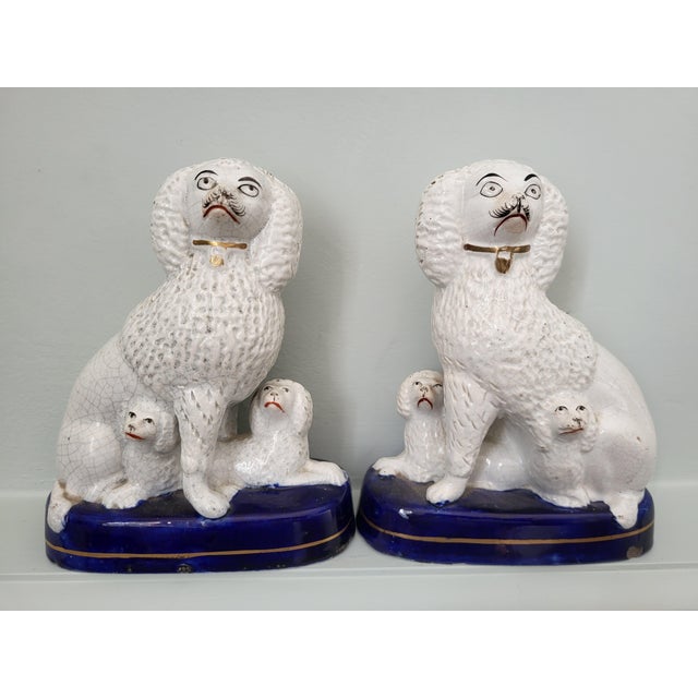 Ceramic Victorian Staffordshire Poodle Family on Cobalt Bases, 1870s, Set of 2 For Sale - Image 7 of 7