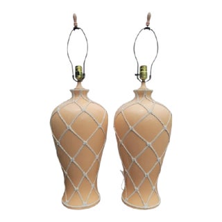 Vintage Ceramic Regency Style Peach White Frosted Ginger Jar Tall Table Lamps- a Pair For Sale