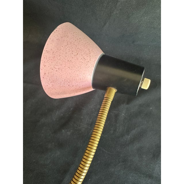 Metal 1950s Mid-Century Modern Dual Gooseneck Desk Lamp; Pink and Black Metal Cones For Sale - Image 7 of 14