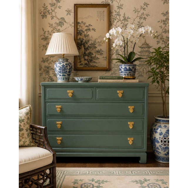 Offered is a vintage solid white ash wood chest of drawers by Davis Cabinet Co. This piece features five dovetailed,...