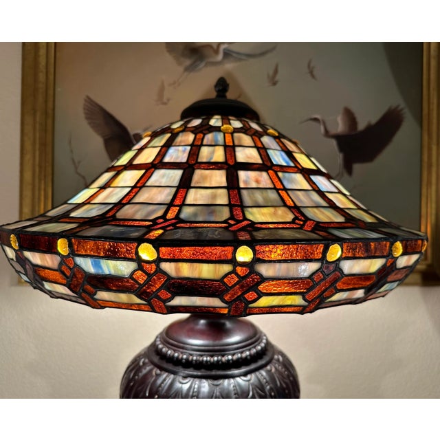 Antique 19th Century Hand Carved Mahogany Wood Table Lamp With Tiffany Style Shade For Sale - Image 9 of 13