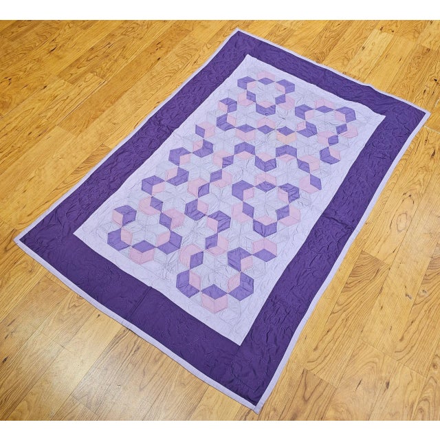 Textile Vintage Pennsylvania Amish “Block and Star” Hand-Stitched Cotton Quilt For Sale - Image 7 of 12