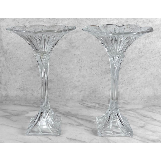 Victorian Vintage 13" Victorian Crystal Glass Lotus Flower Compote Pedestal Bowls - A Pair For Sale - Image 3 of 7