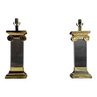 Lucite & Brass Ionic Column Table Lamps - a Pair For Sale