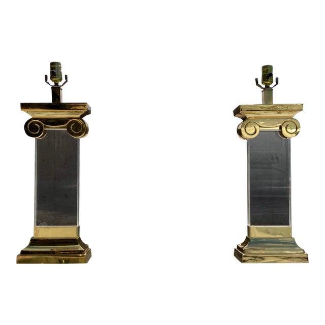 Lucite & Brass Ionic Column Table Lamps - a Pair For Sale