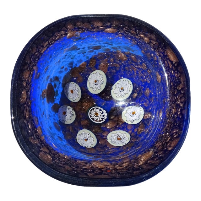 Murano Rich Sapphire Blue White Flower Murrines Aventurine Flecks Vintage Italian Art Glass Bowl For Sale