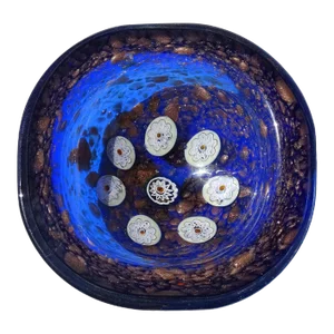 Murano Rich Sapphire Blue White Flower Murrines Aventurine Flecks Vintage Italian Art Glass Bowl