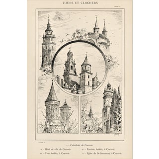 Large C1880s French Architecture Lithograph of Towers & Clock Towers For Sale