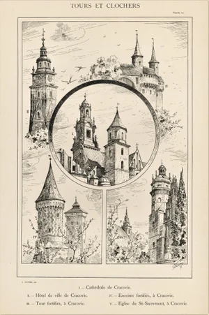 Large C1880s French Architecture Lithograph of Towers & Clock Towers
