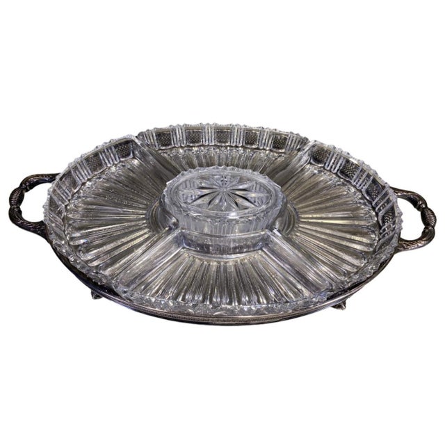 The Sheffield Silver Co, USA & Glass Tray with four glass containers and one box on a center. Base silver plated.