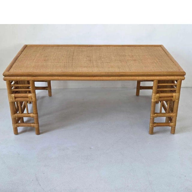 Vintage Bamboo and Rattan Fretwork Coffee Table With Woven Top For Sale - Image 4 of 4