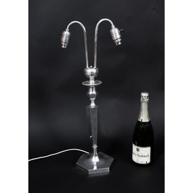 Antique Art Deco Silver-Plated Twin Arm Table Lamp attributed to Elkington, 1920s For Sale - Image 9 of 11