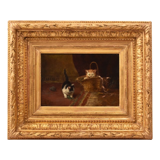 Aimée Roy, Portraits of Two Playing Cats, 19th Century, Oil Painting on Panel, Framed For Sale