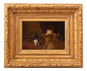 Aimée Roy, Portraits of Two Playing Cats, 19th Century, Oil Painting on Panel, Framed