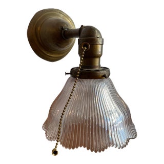 Antique Industrial Brass Wall Sconce With Holophane Glass Shade For Sale