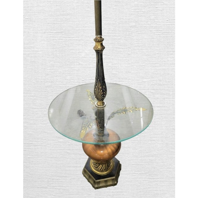 Metal Vintage Hollywood Regency Tall Glass Top Amber Brass Palm Leaf Black Side Table Floor Lamp For Sale - Image 7 of 8