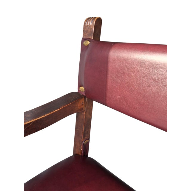 Rare Antique Spanish Revival / Gothic Oak Armchair in Oxblood Leather & Bronze Accents For Sale - Image 4 of 12