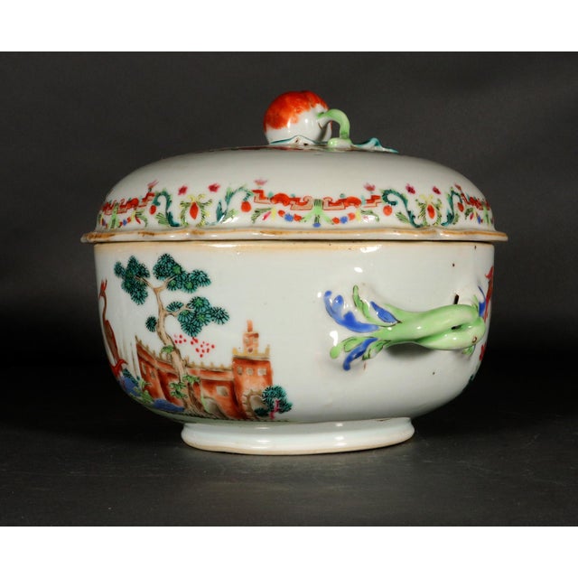 Traditional Chinese Export Famille Rose Tureen and Cover, Meissen-Style Harbor Scene With Cranes For Sale - Image 3 of 6