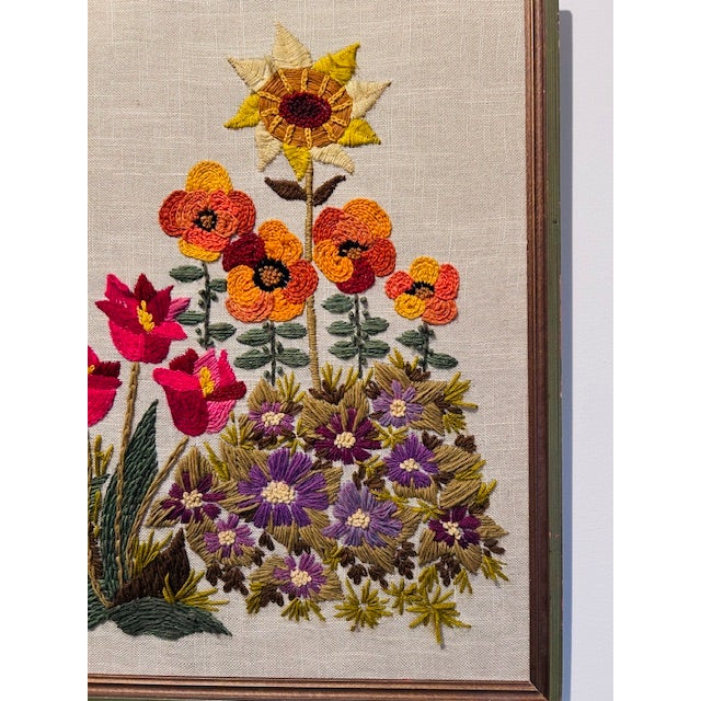 Mid-Century Modern 1960s MCM Flower Power Crewel Flower Garden Wall Art Danish Modern Embroidery For Sale - Image 3 of 6