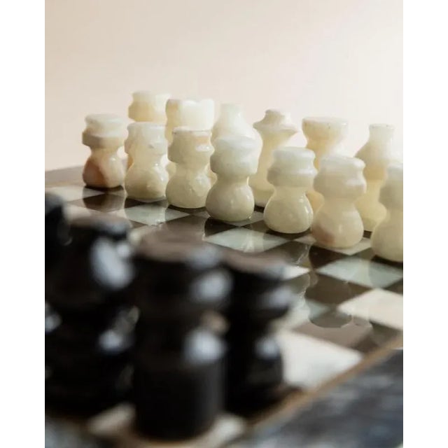 Vintage Black and Cream Marble Chess Board with Carved Pieces, Italy, 1960s, Set of 33 For Sale - Image 6 of 11