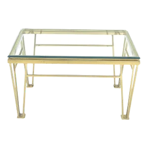Geometric Frame Style Legs Rectangular Brass Plated Side Table with Glass Top