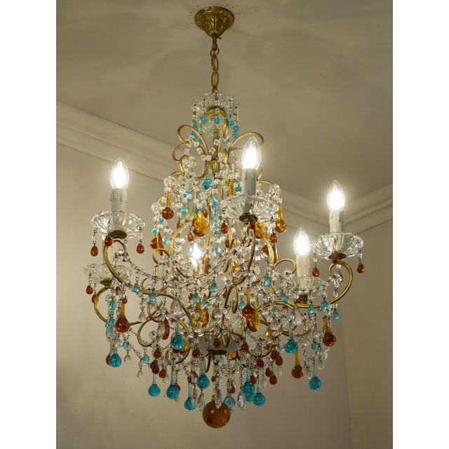 Vintage Florentine 6-Light Chandelier in Gilded Iron with Crystals and Murano Glass Pendants, 1950s For Sale - Image 11 of 14
