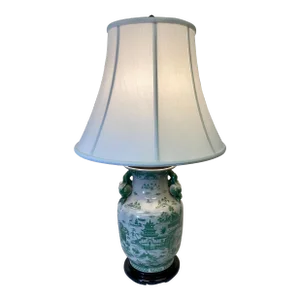 Handled Porcelain Jar Vase Table Lamp on Wooden Base Decorated in a Soothing Green Asian Landscape Scene With White Lampshade