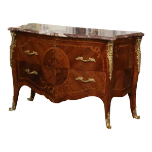 Early 20th Century Louis XV Marble Top Marquetry & Ormolu Bombe Chest of Drawers
