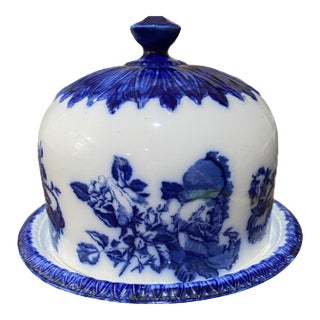Antique Staffordshire English Blue and White Ironstone Lidded Cheese Dome For Sale