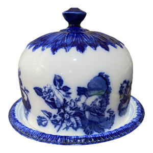 Antique Staffordshire English Blue and White Ironstone Lidded Cheese Dome