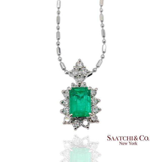 Contemporary Gia Certified Platinum 900 Emerald & Diamond Pendant With Platinum 850 Chain For Sale - Image 3 of 13