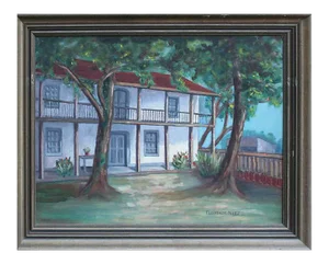 1950s "Old Spanish Garden" House Portrait Oil Painting by Florence Nuez, Framed