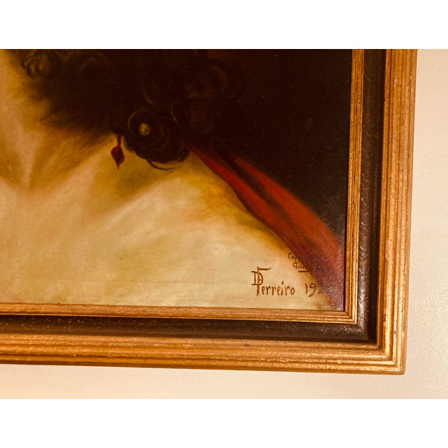 Baroque Antique Oil Portrait of Jesus Christ With Crown of Thorns Shoulder Draped With Scarlet Robe Painted in 1922 D Ferreiro For Sale - Image 3 of 11