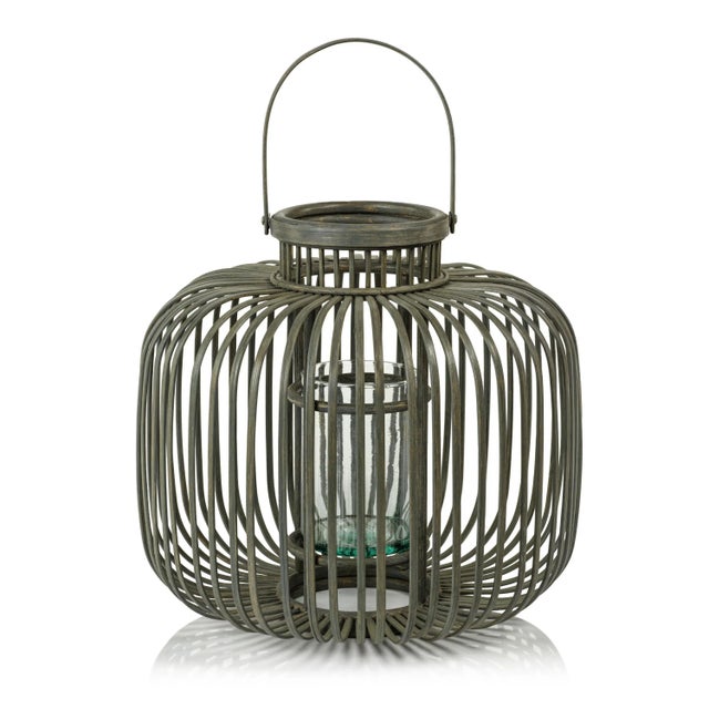 Mid-Century Modern Dumai Gray Bamboo Decorative Lantern, Large For Sale - Image 3 of 3