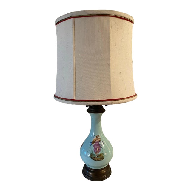 19th Century Electrified Oil Burner Porcelain Lamp Decorated With Polychrome Transfer Print With Handmade Silk Shade For Sale