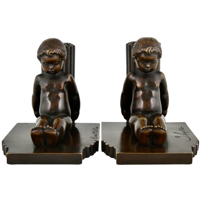 Art Deco Bronze Bookends with Children by Paul Silvestre, 1920s, Set of 2 For Sale - Image 9 of 14