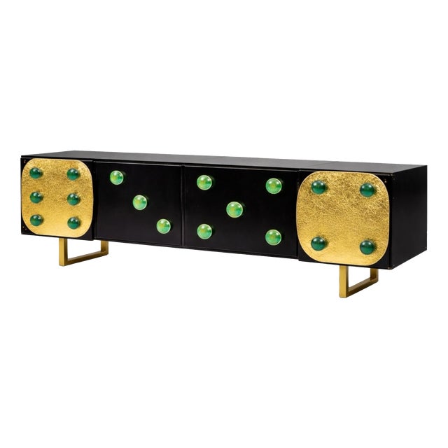 Italian Sideboard with Gilt Panels and Green Glass Details from Justfurnituress SRL For Sale