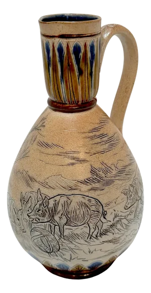 Doulton Lambeth Girl & Pigs in Landscape Jug by Hannah Barlow, et al, 1883