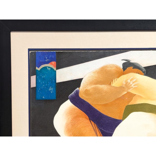 Phyllis Steele Modern Colorful Pastel Drawing of a Pair of Sumo Wrestlers in Blue and Green, 20th Century For Sale In Houston - Image 6 of 12