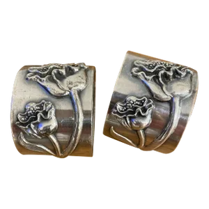 Vintage Art Nouveau Napkin Rings, Silverplate Ornate Raised Floral- Set of 2