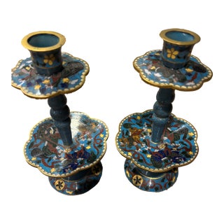 Pair of Antique Chinese Cloisonné Phoenix Candlesticks, Marked Beijing Workshop, Circa 1920 For Sale